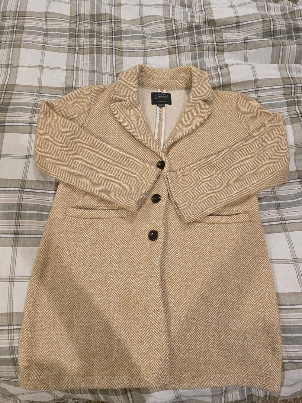 Sanctuary X Anthropologie Beige Herringbone Single-Breasted Peacoat